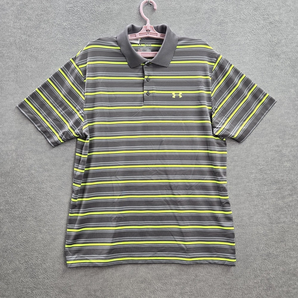 Under Armour Men Polo XL Gray Striped Short Sleeve HeatGear Loose Logo Neon READ